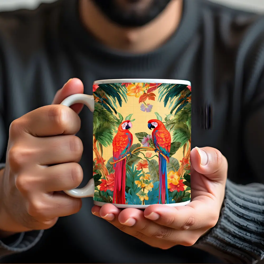 Scarlet Macaw Parrots Tropical Floral Botanical Art – Mugs