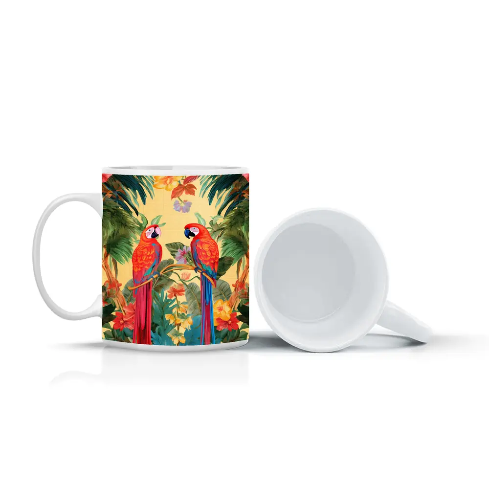 Scarlet Macaw Parrots Tropical Floral Botanical Art – Mugs