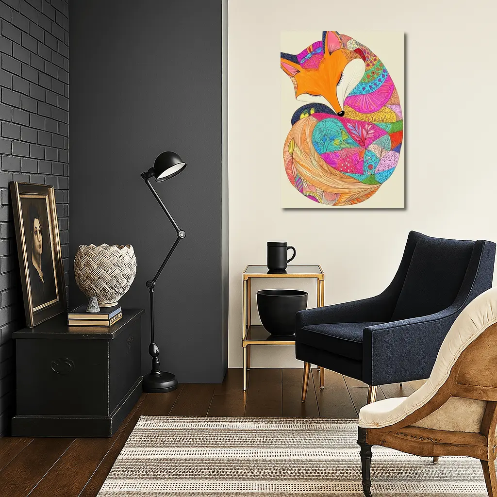 Sleeping Fox Colorful Floral Pattern Art – Wall Art
