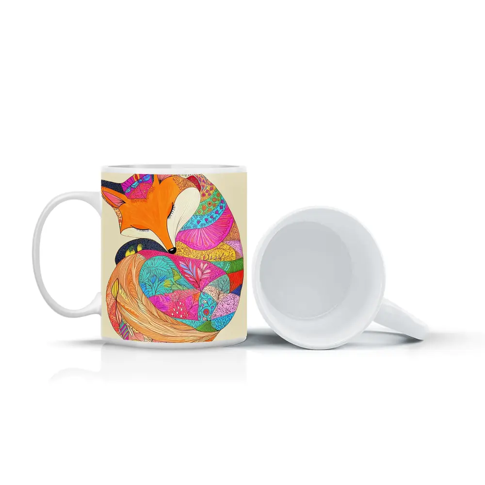 Sleeping Fox Colorful Floral Pattern Art – Mugs