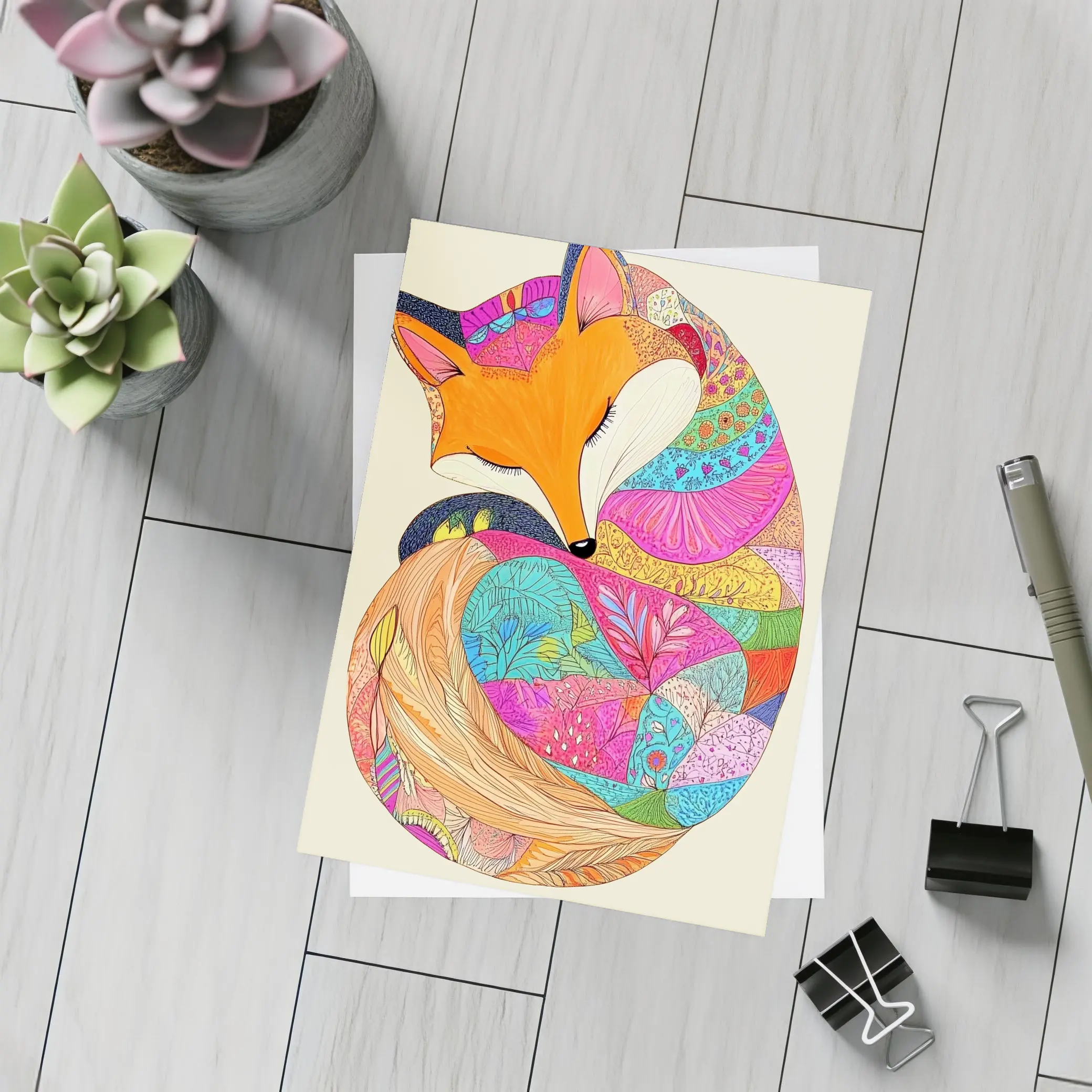 Sleeping Fox Colorful Floral Pattern Art – Postcards