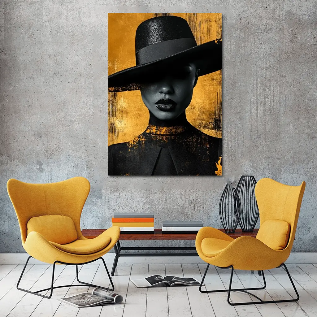 Black Woman Wide Hat Gold Background Art – Wall Art