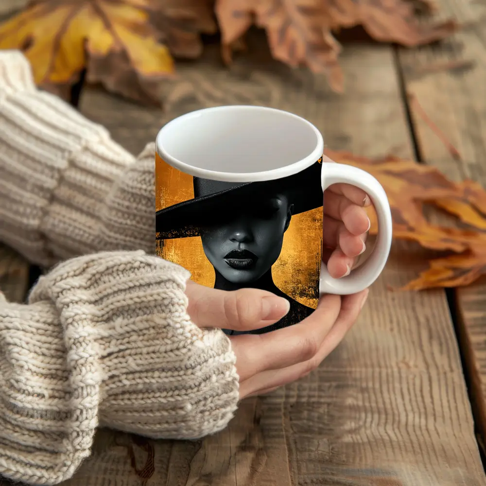 Black Woman Wide Hat Gold Background Art – Mugs