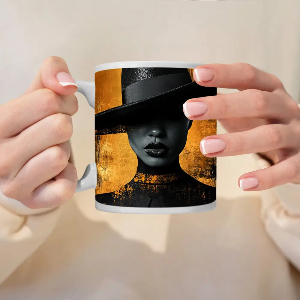 Black Woman Wide Hat Gold Background Art – Mugs