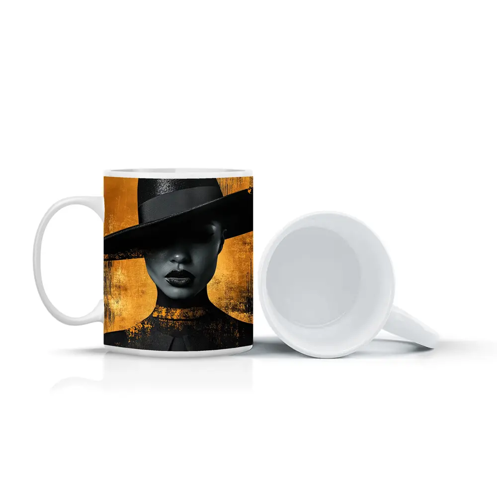 Black Woman Wide Hat Gold Background Art – Mugs