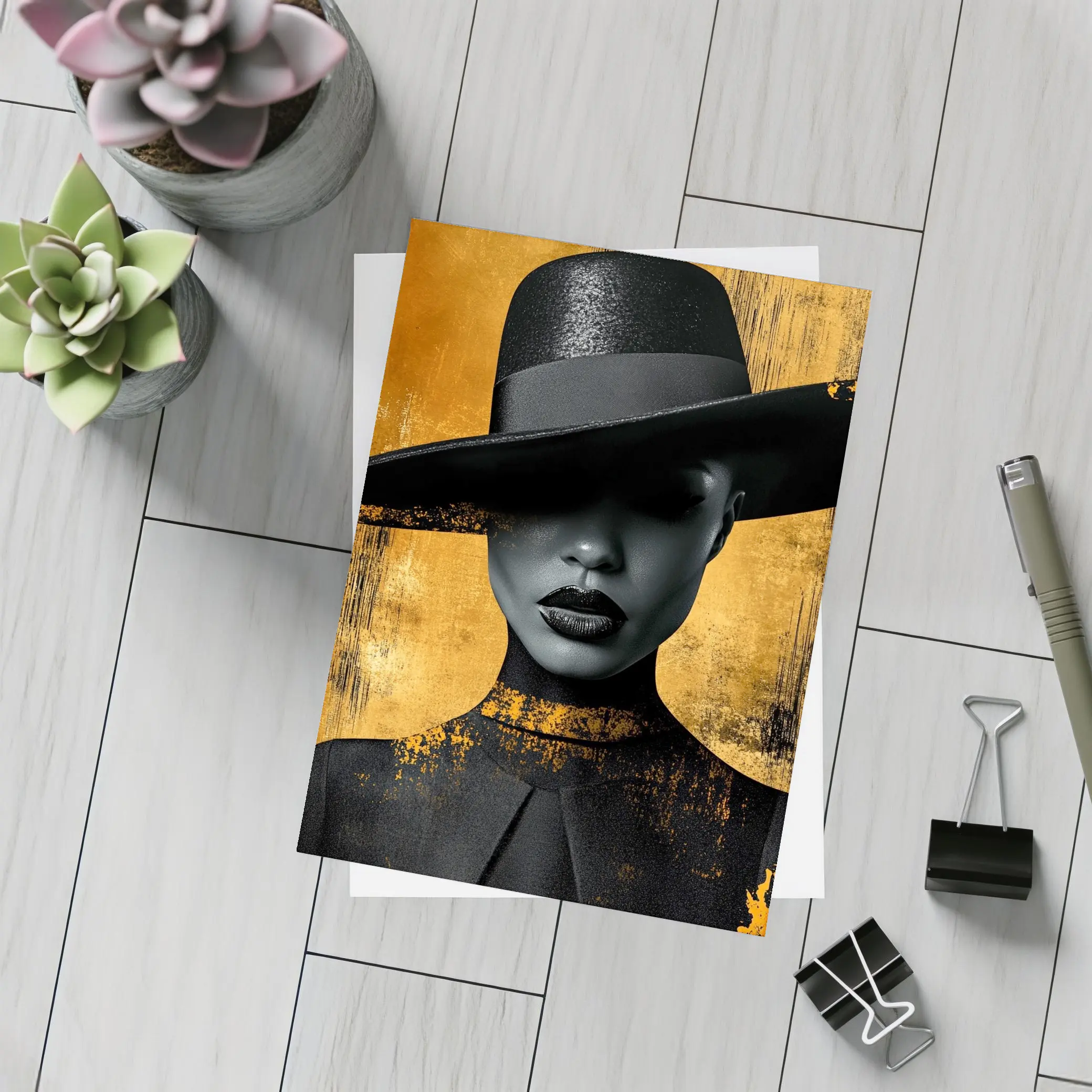 Black Woman Wide Hat Gold Background Art – Postcards