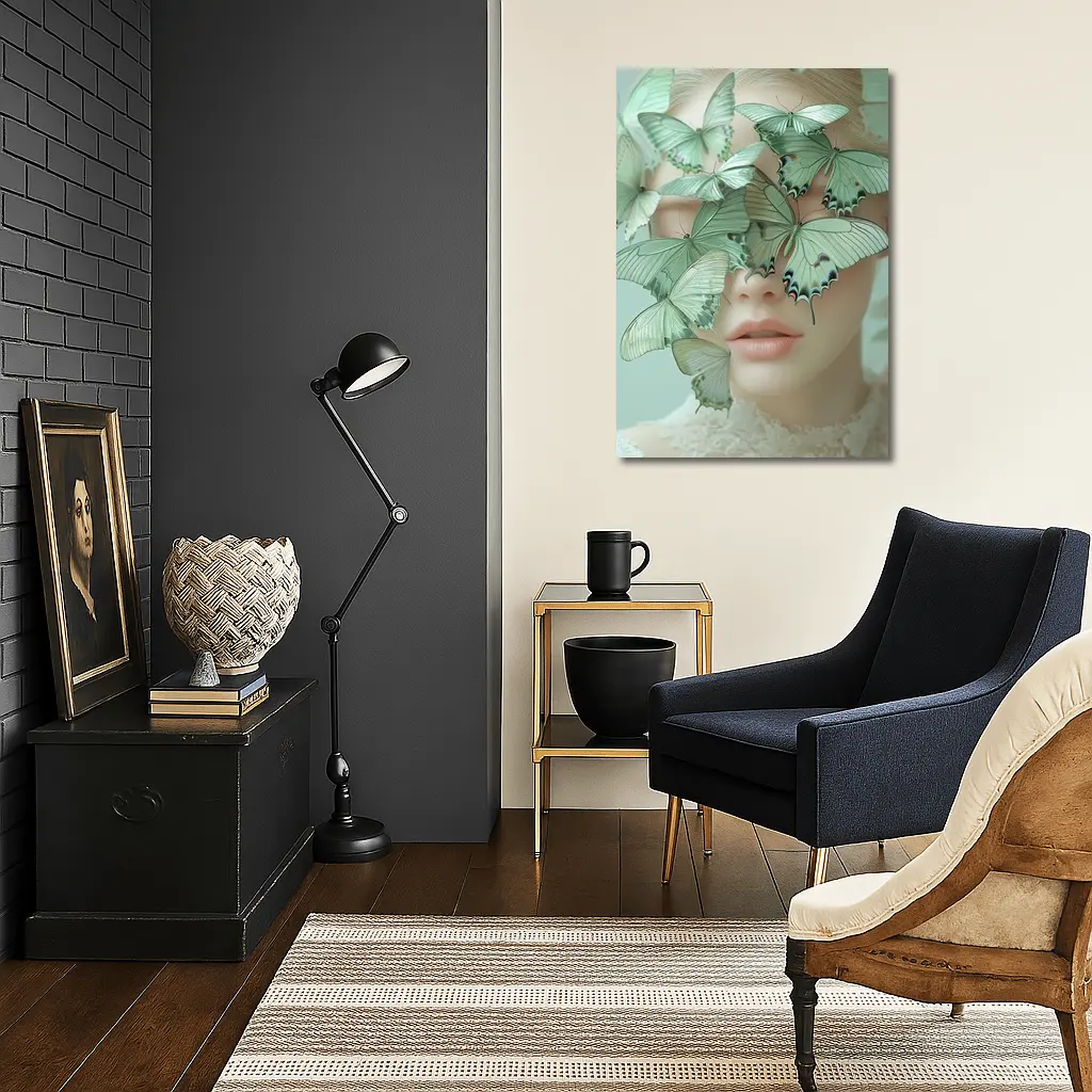Woman Face Covered Green Butterflies Surreal Art – Wall Art