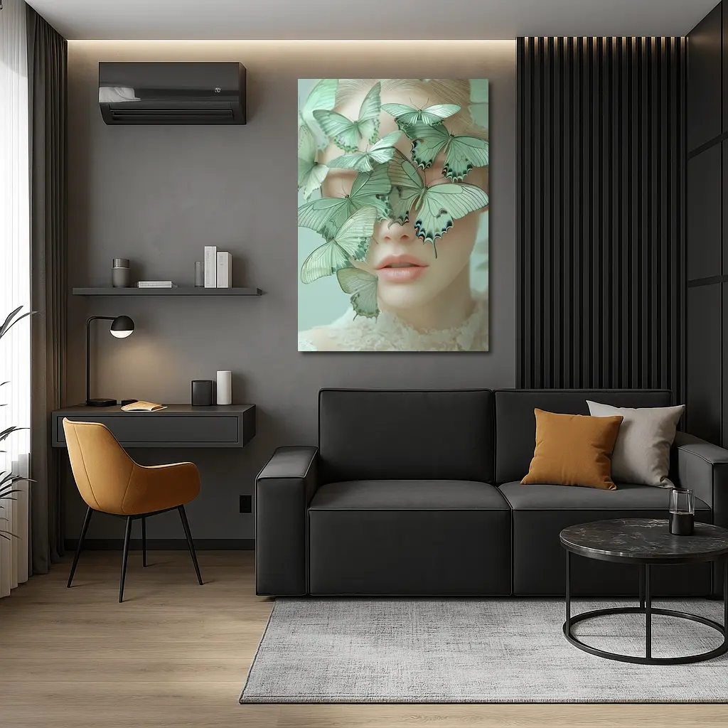 Woman Face Covered Green Butterflies Surreal Art – Wall Art