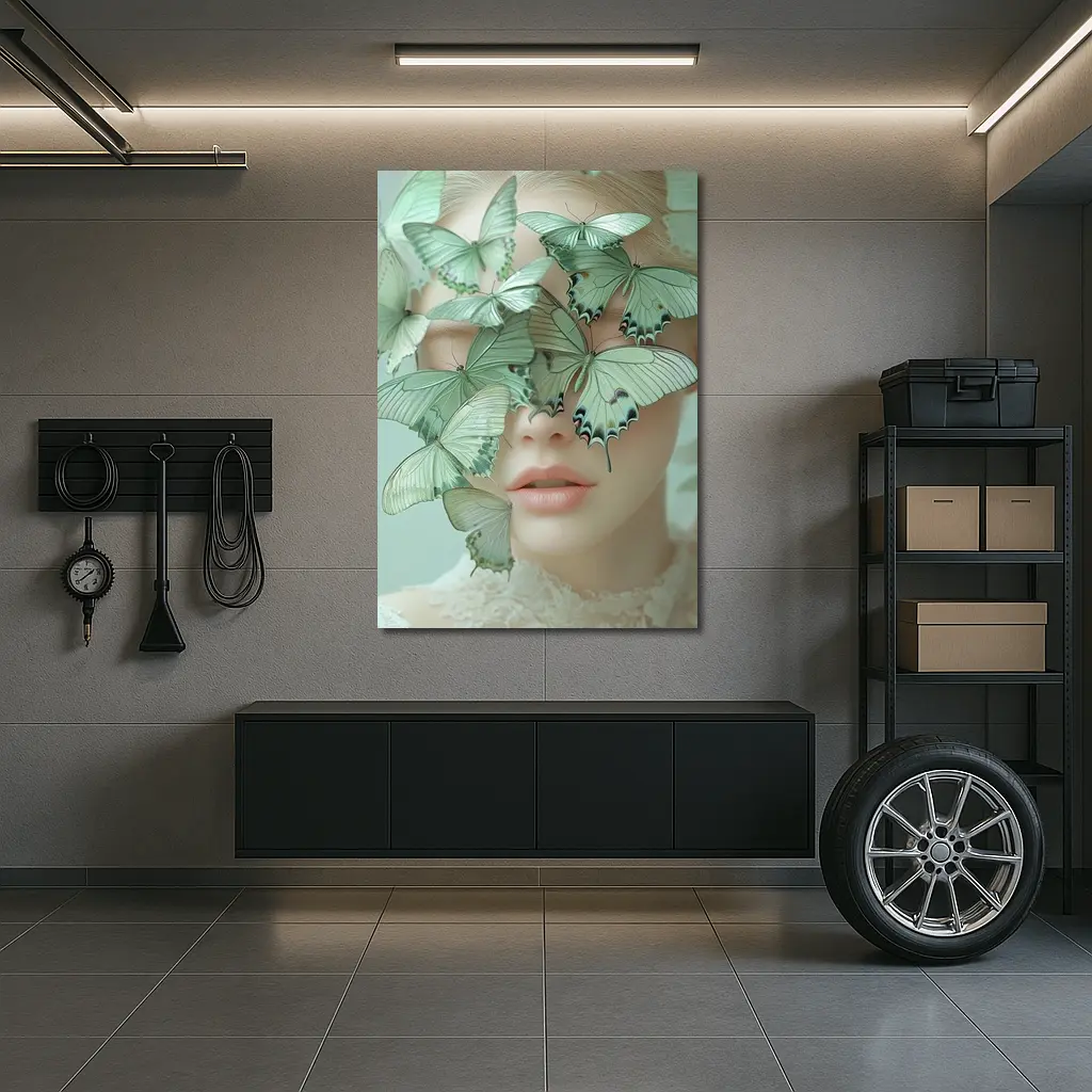 Woman Face Covered Green Butterflies Surreal Art – Wall Art