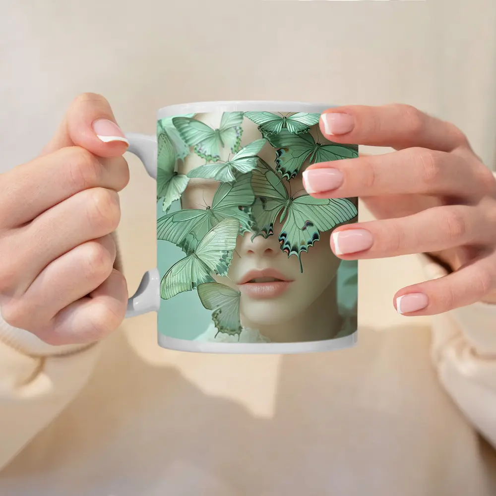 Woman Face Covered Green Butterflies Surreal Art – Mugs