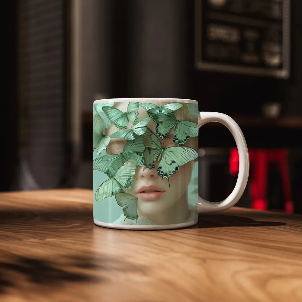 Woman Face Covered Green Butterflies Surreal Art – Mugs