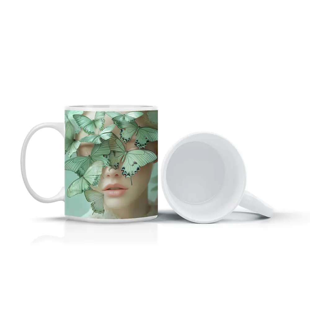 Woman Face Covered Green Butterflies Surreal Art – Mugs