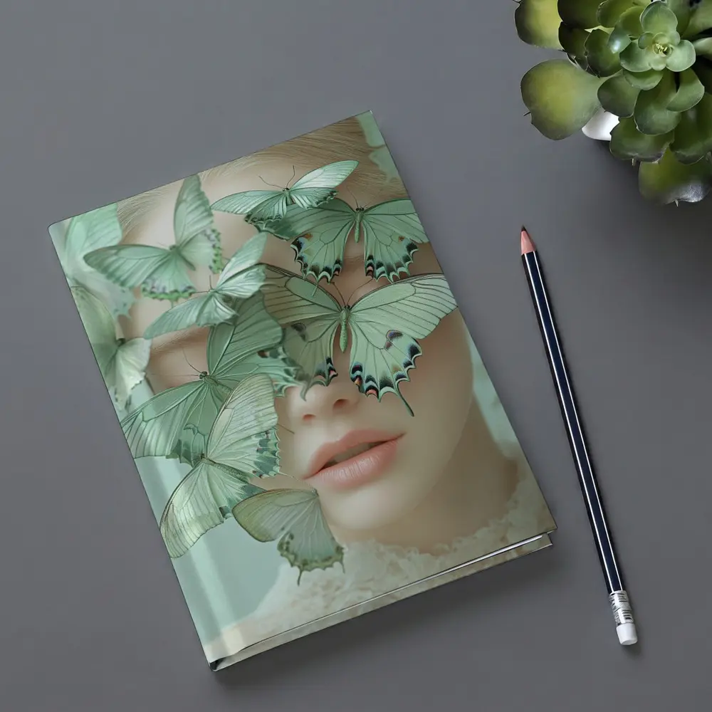 Woman Face Covered Green Butterflies Surreal Art – Notebooks