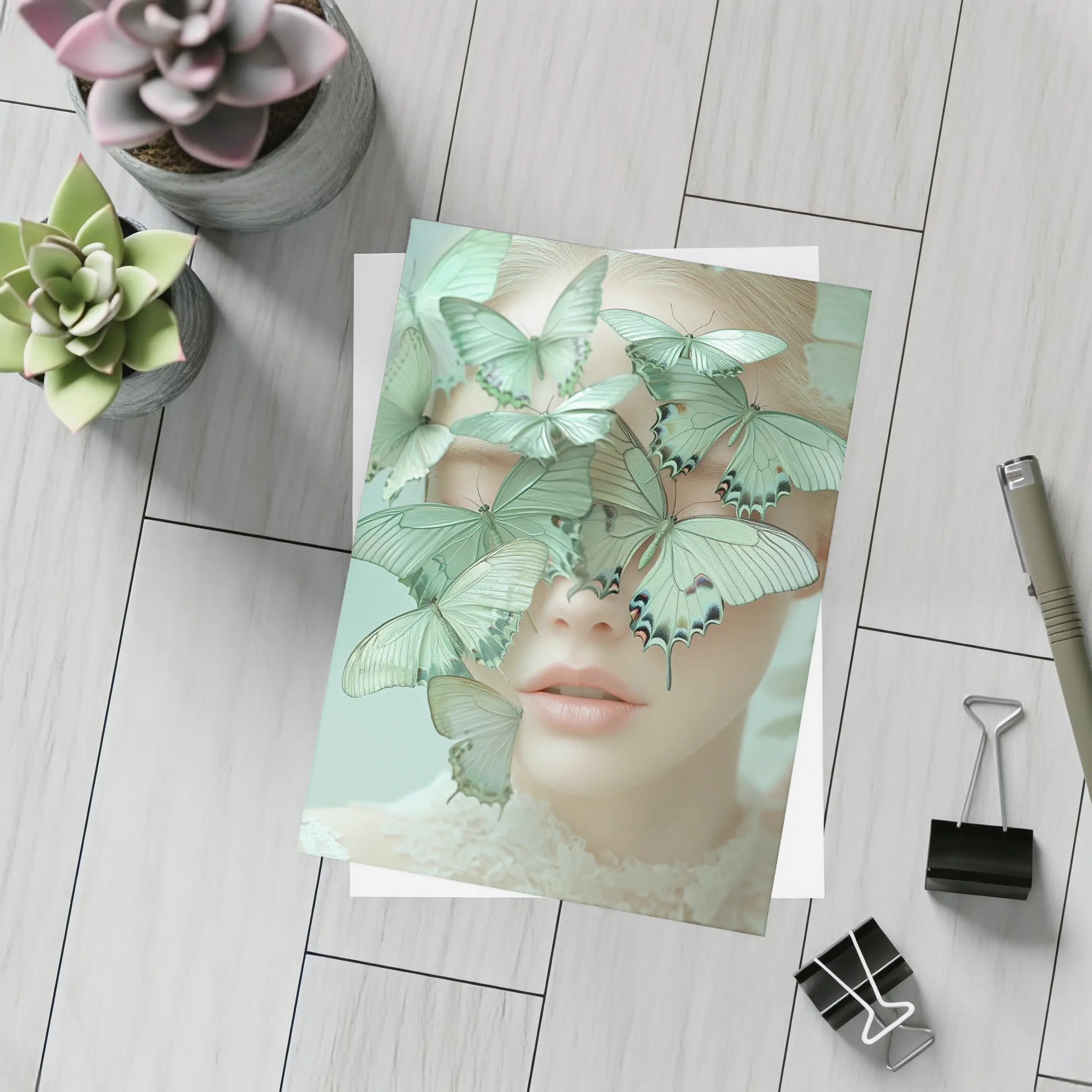 Woman Face Covered Green Butterflies Surreal Art – Postcards