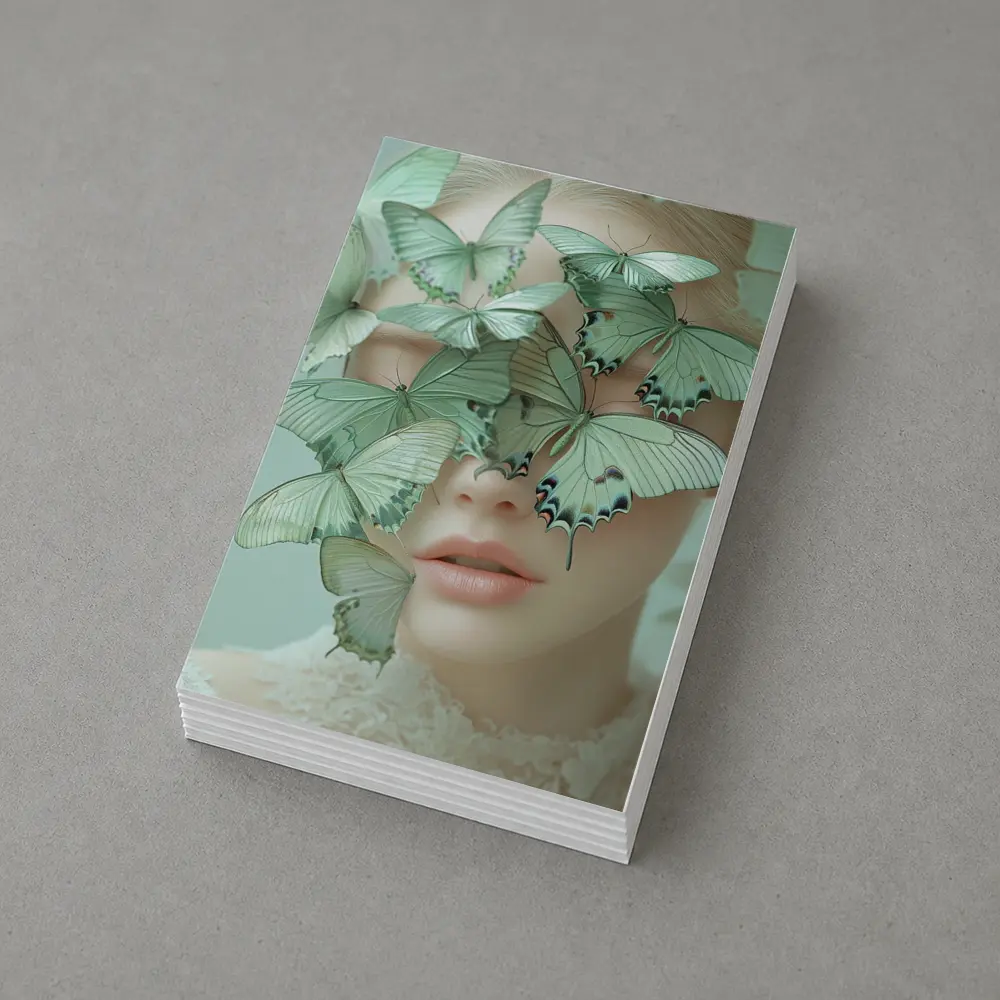 Woman Face Covered Green Butterflies Surreal Art – Postcards