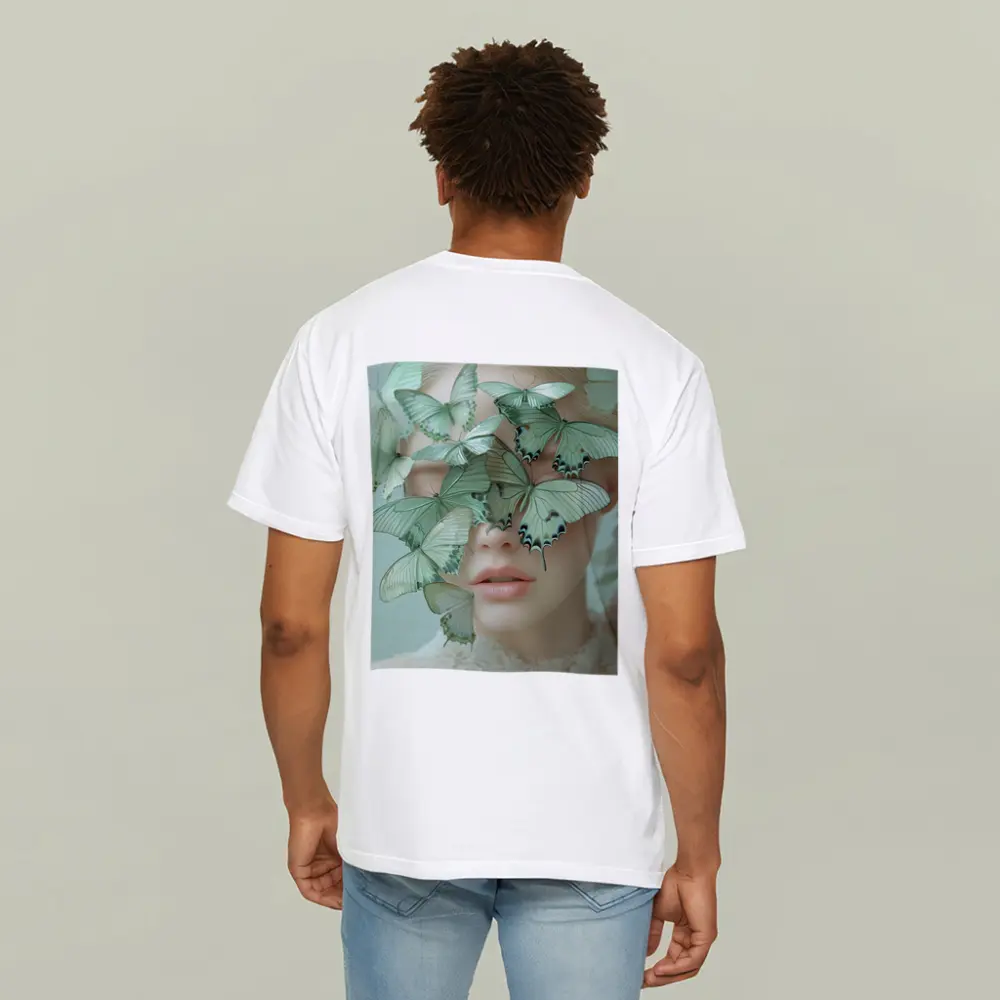 Woman Face Covered Green Butterflies Surreal Art – T-Shirts