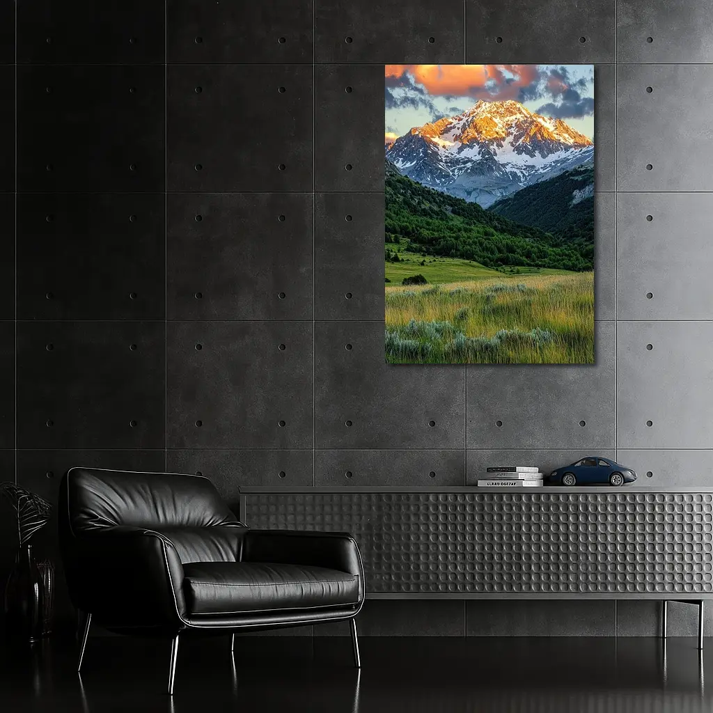 Snow Capped Mountain Peak Green Valley Landscape – Wall Art