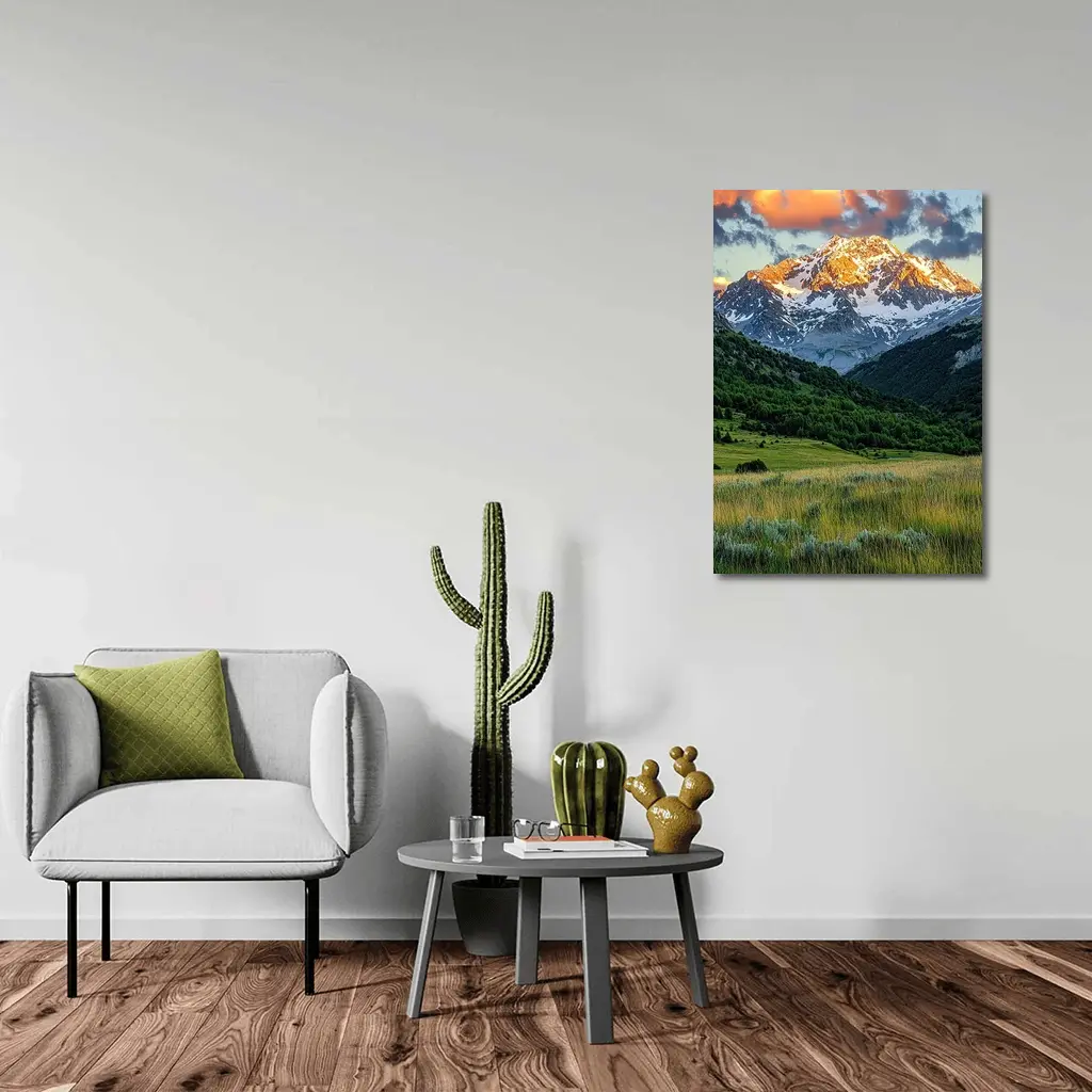 Snow Capped Mountain Peak Green Valley Landscape – Wall Art