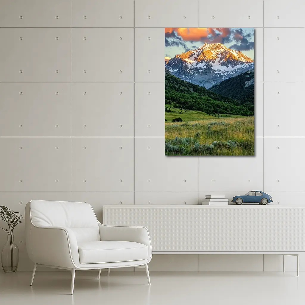 Snow Capped Mountain Peak Green Valley Landscape – Wall Art