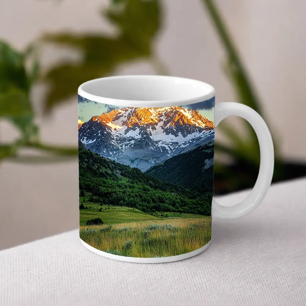 Snow Capped Mountain Peak Green Valley Landscape – Mugs