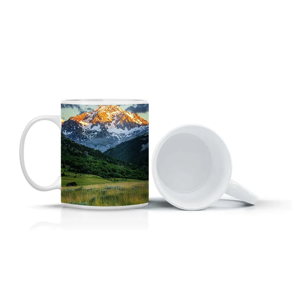 Snow Capped Mountain Peak Green Valley Landscape – Mugs