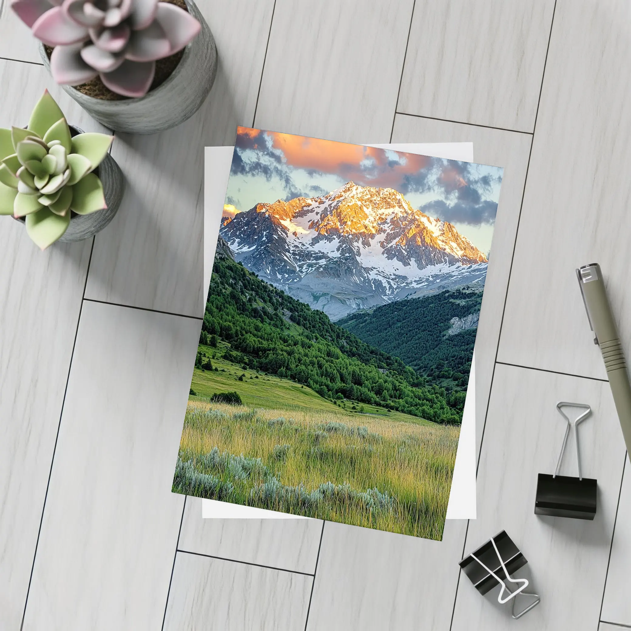 Snow Capped Mountain Peak Green Valley Landscape – Postcards