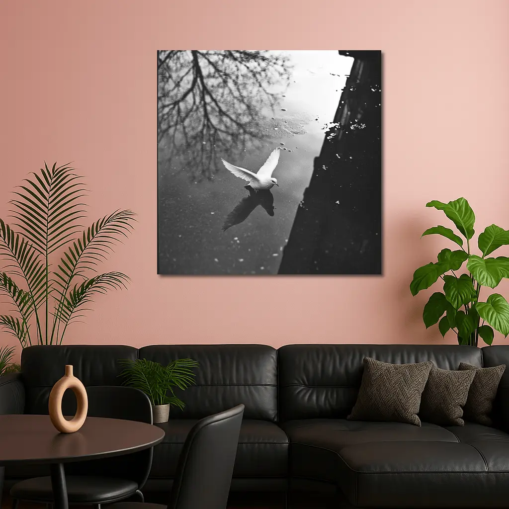 White Dove Flying Over Dark Water – Wall Art