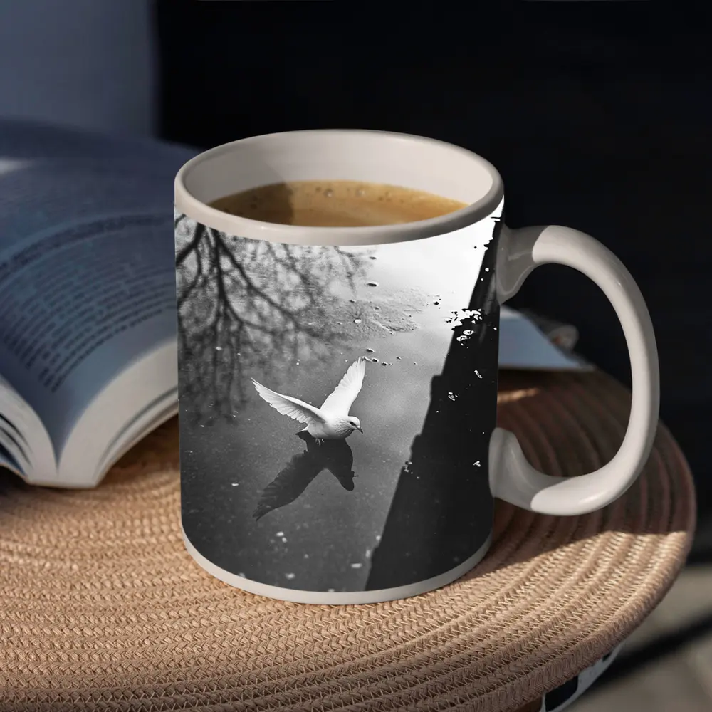 White Dove Flying Over Dark Water – Mugs