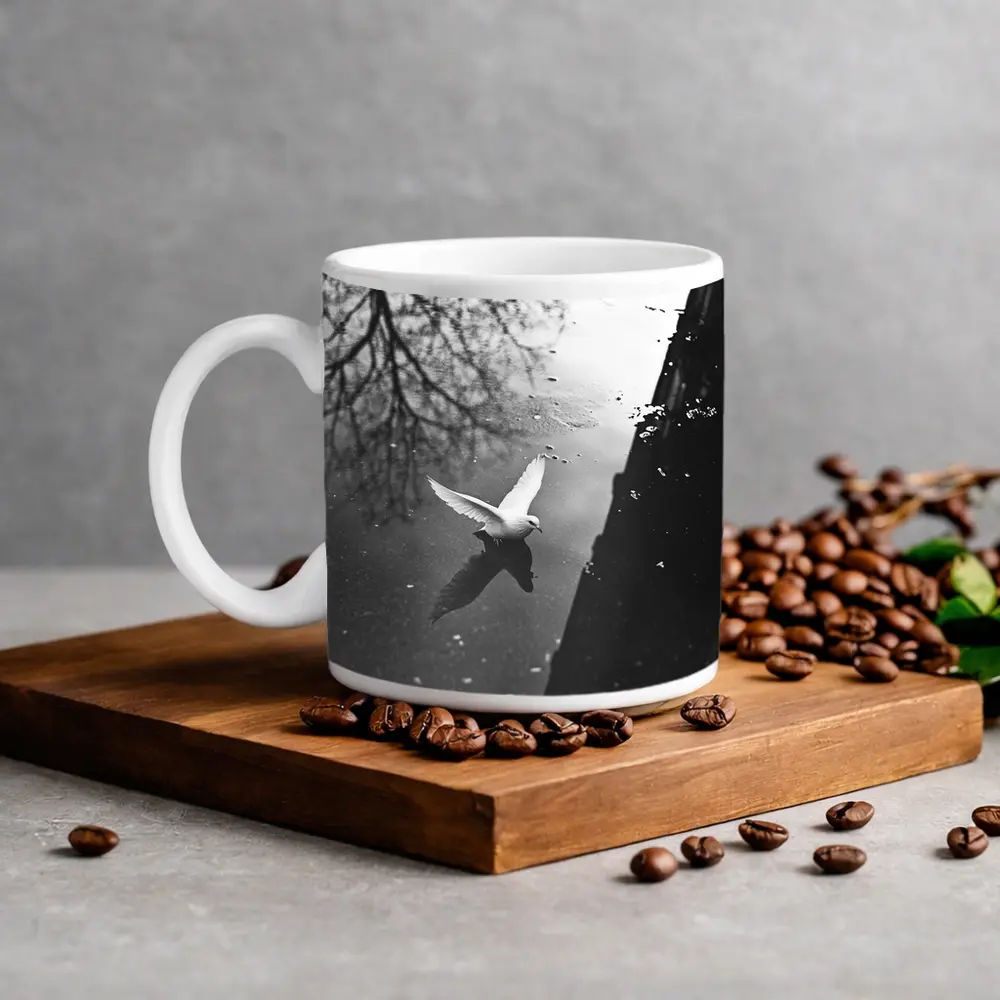 White Dove Flying Over Dark Water – Mugs