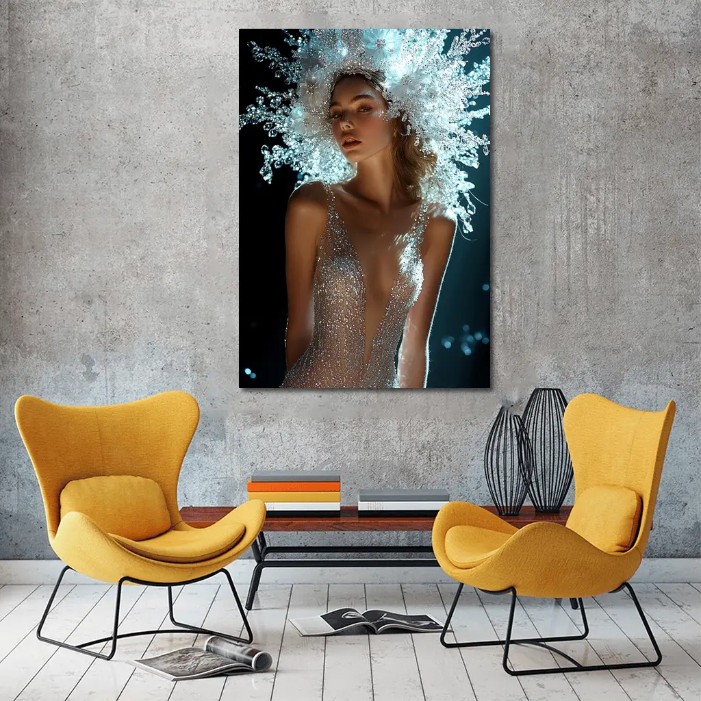 Woman Crystal Crown Gown Dark Background – Wall Art
