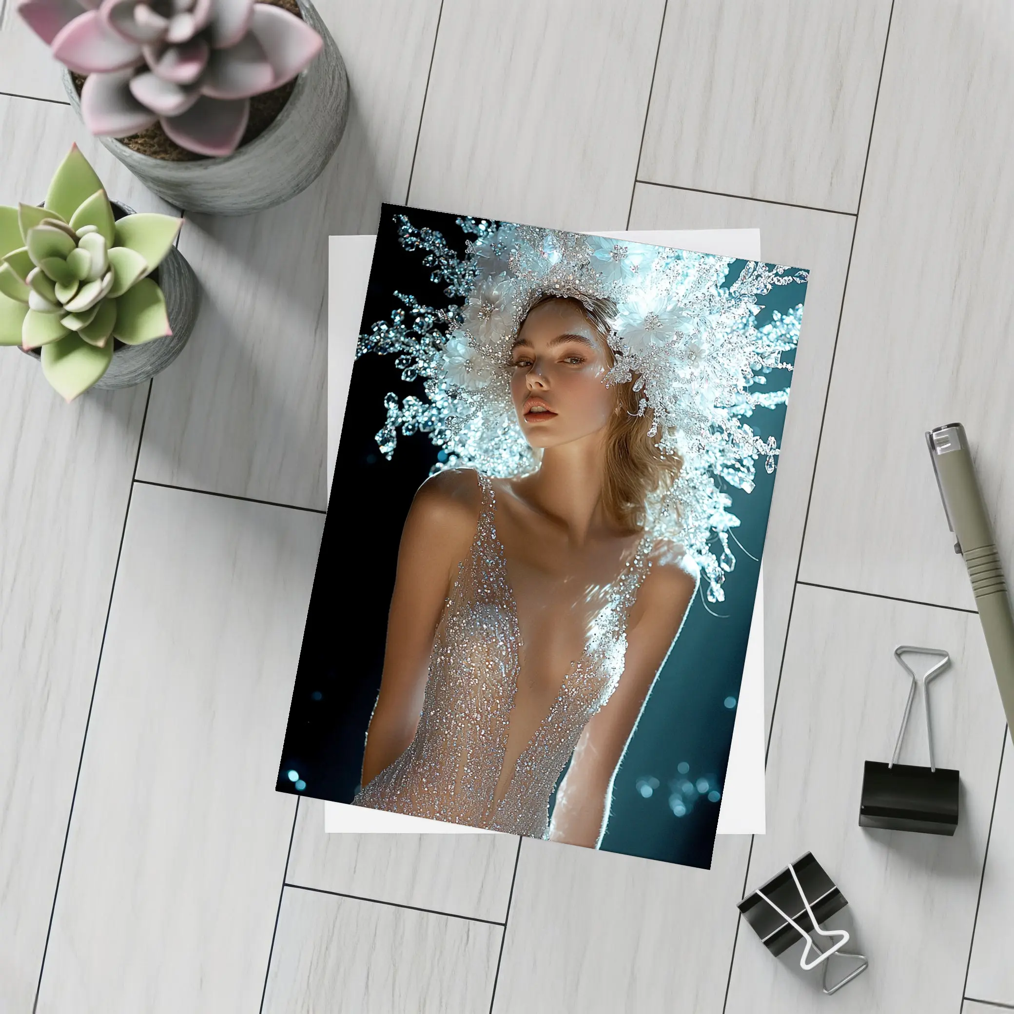 Woman Crystal Crown Gown Dark Background – Postcards