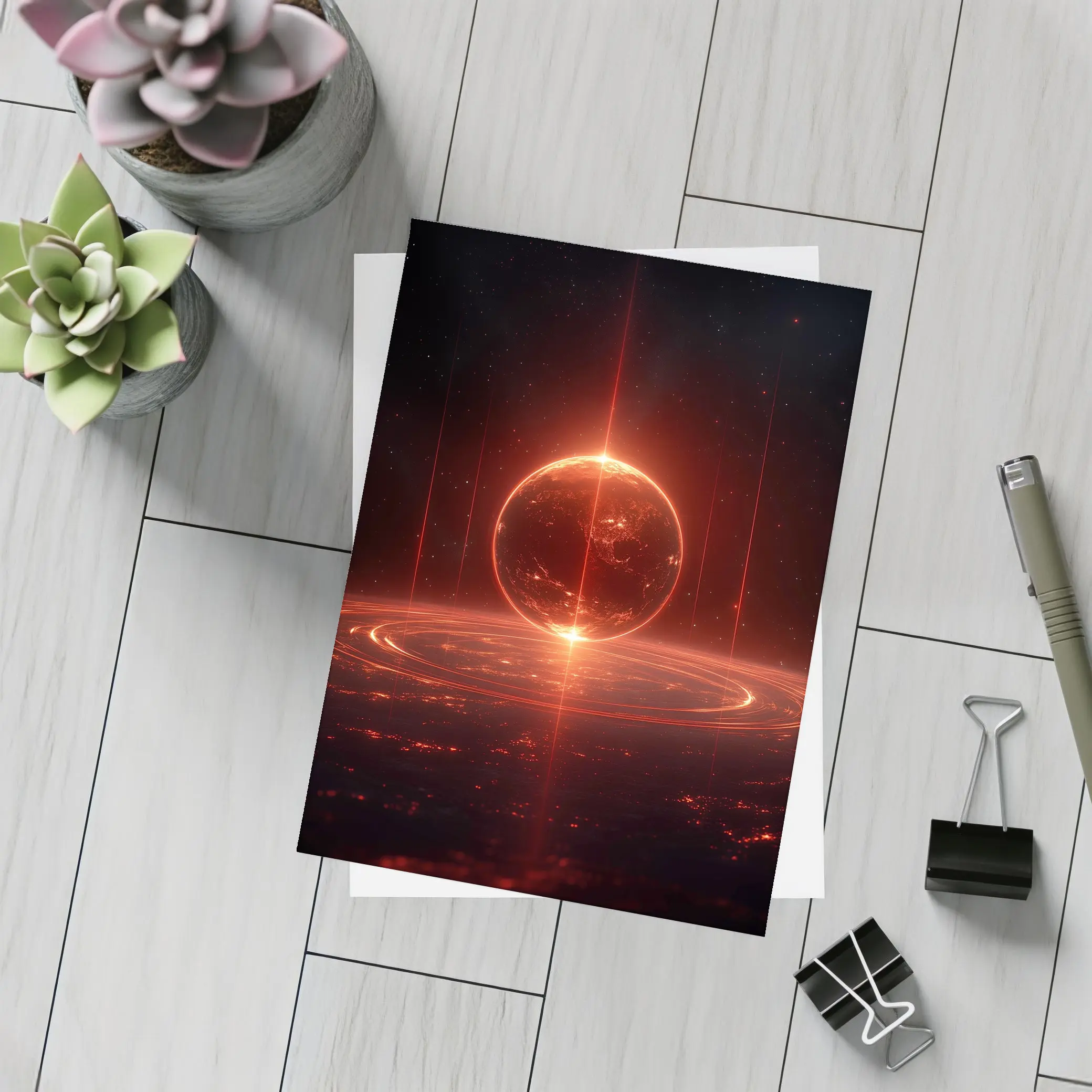 Red Glowing Planet Dark Space Art – Postcards