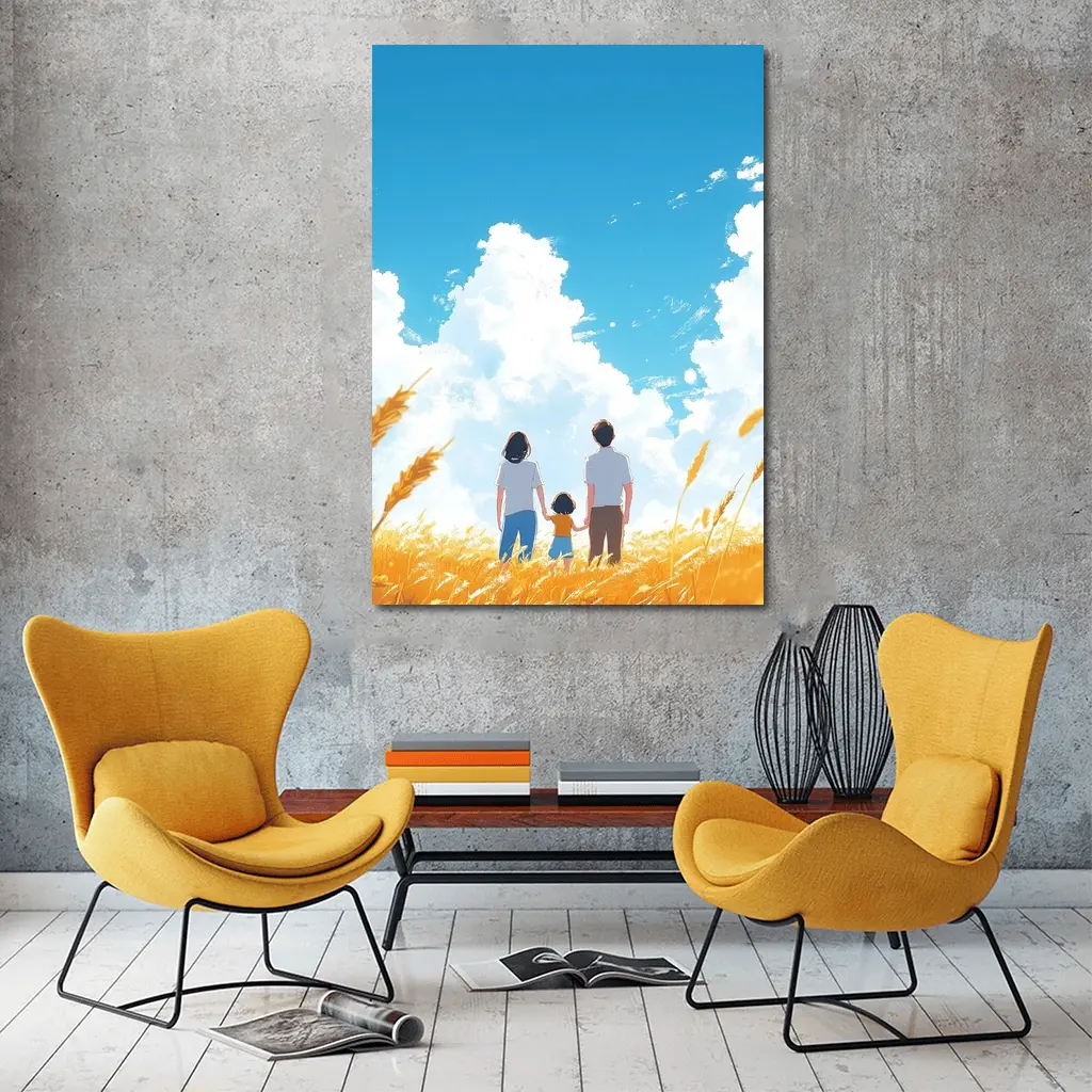 Anime Family Standing in Golden Wheat Field – Wall Art