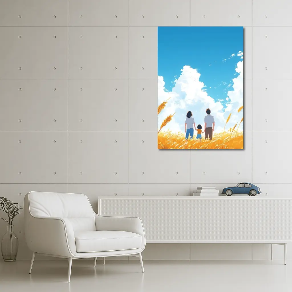 Anime Family Standing in Golden Wheat Field – Wall Art