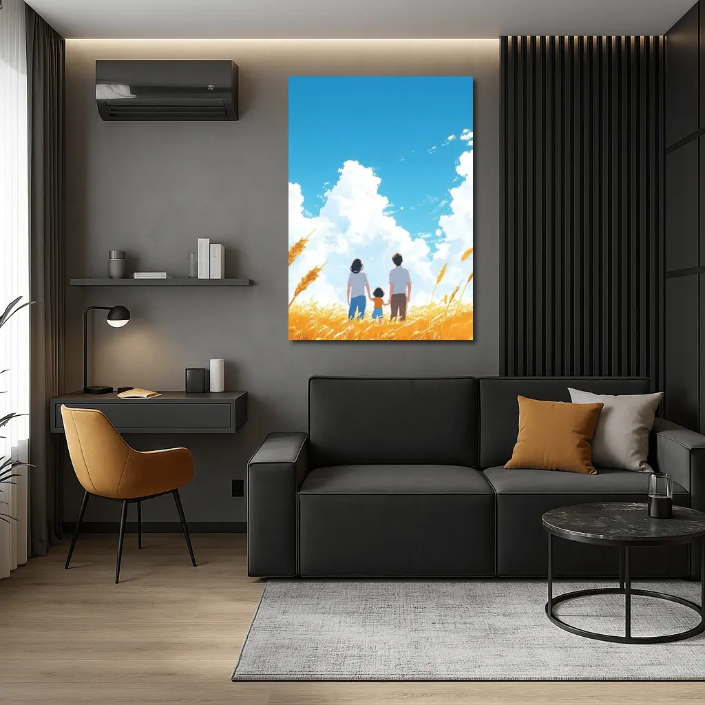 Anime Family Standing in Golden Wheat Field – Wall Art