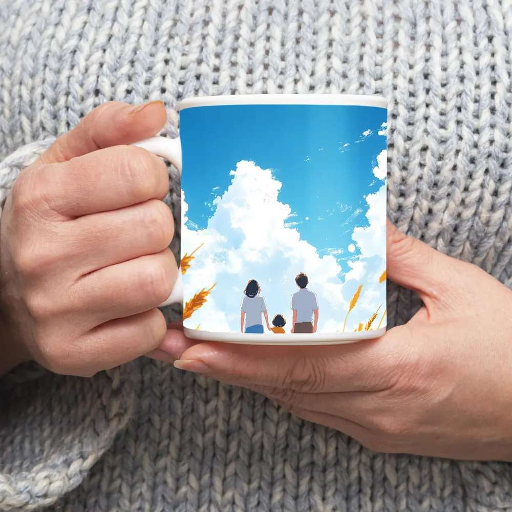 Anime Family Standing in Golden Wheat Field – Mugs