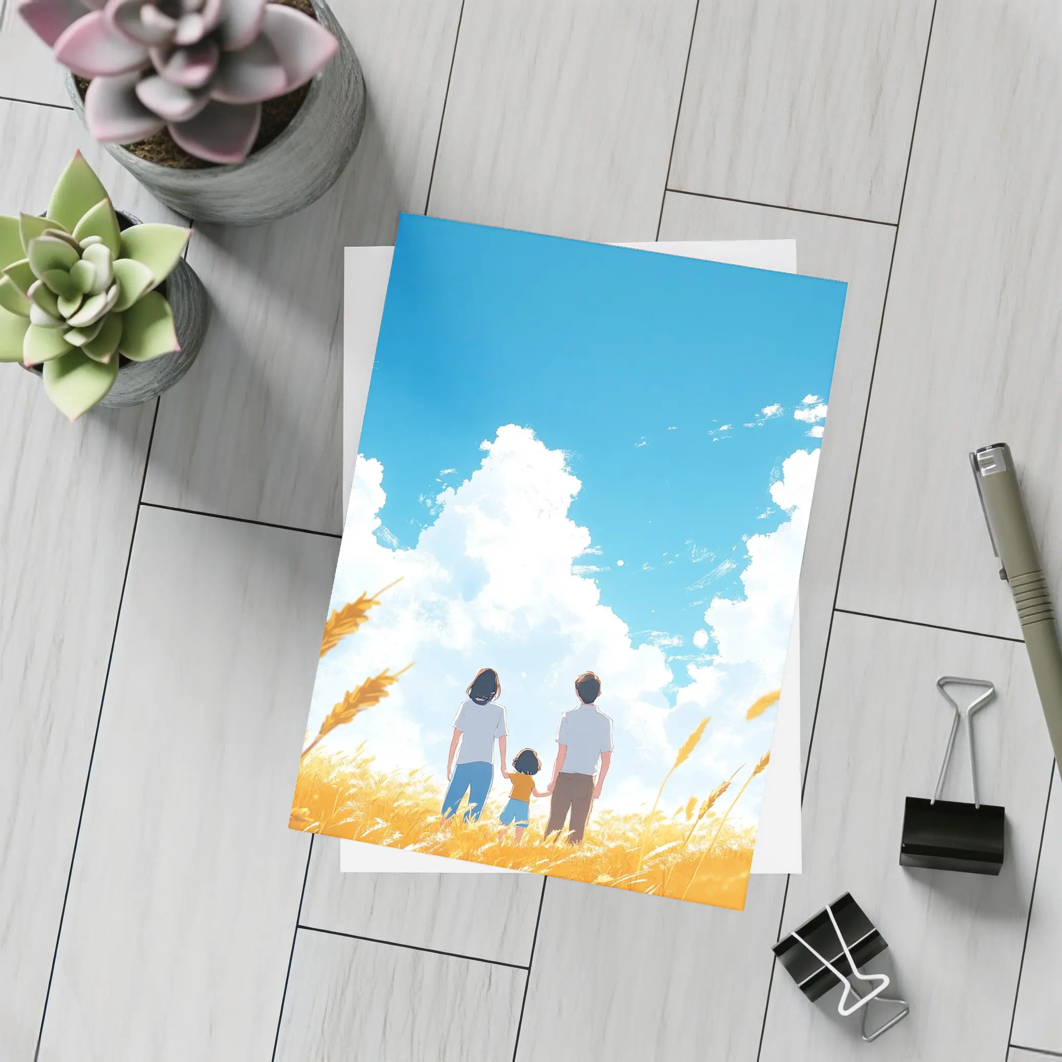 Anime Family Standing in Golden Wheat Field – Postcards