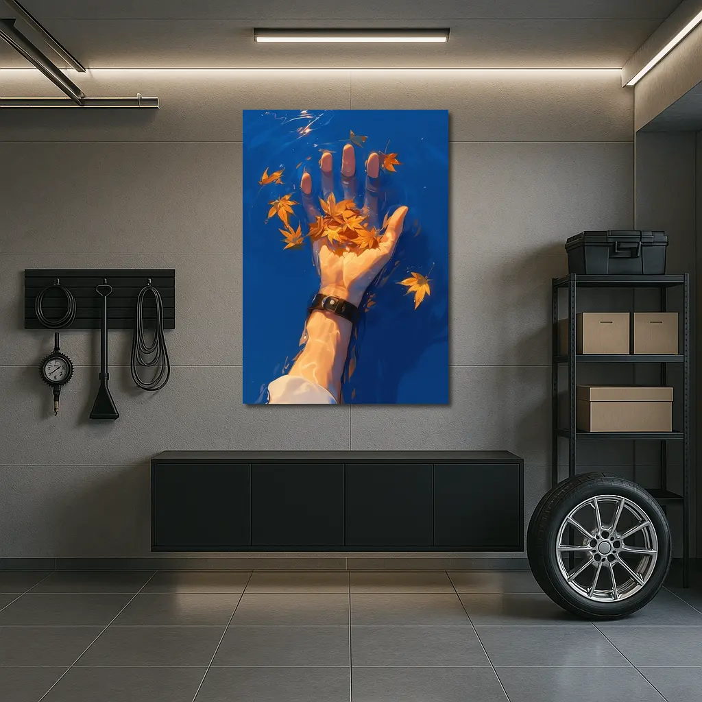 Hand Holding Autumn Leaves Over Blue Water – Wall Art
