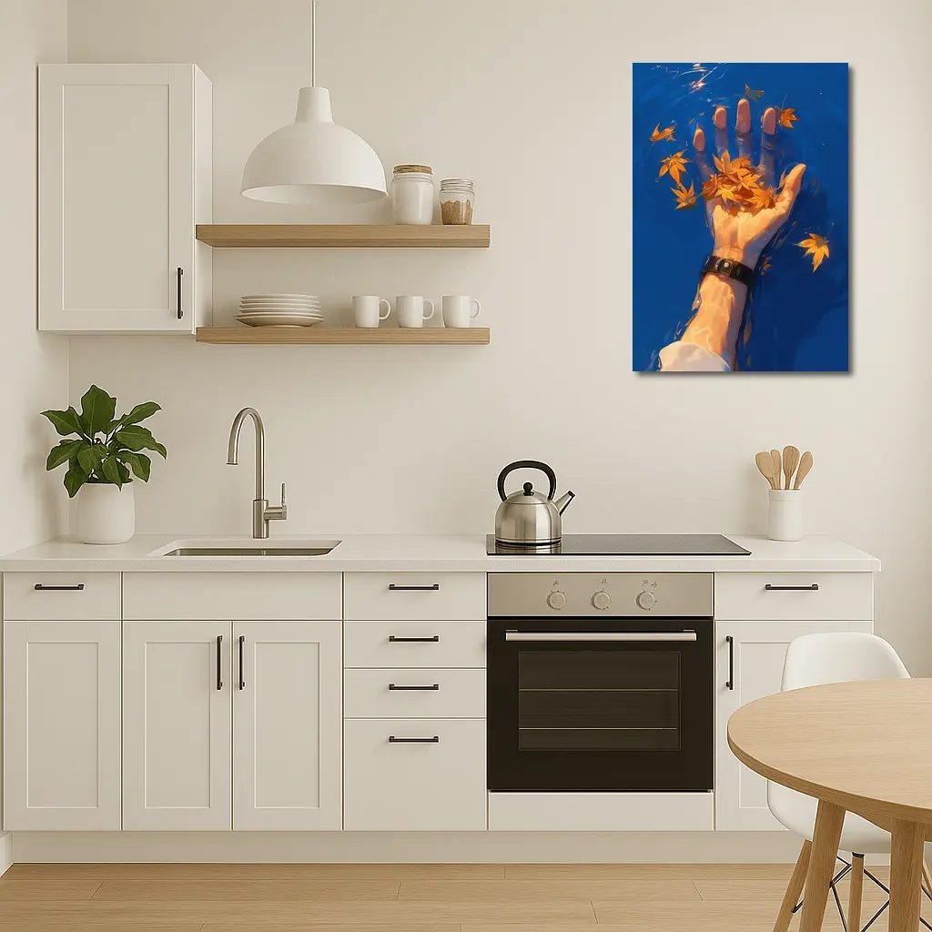 Hand Holding Autumn Leaves Over Blue Water – Wall Art