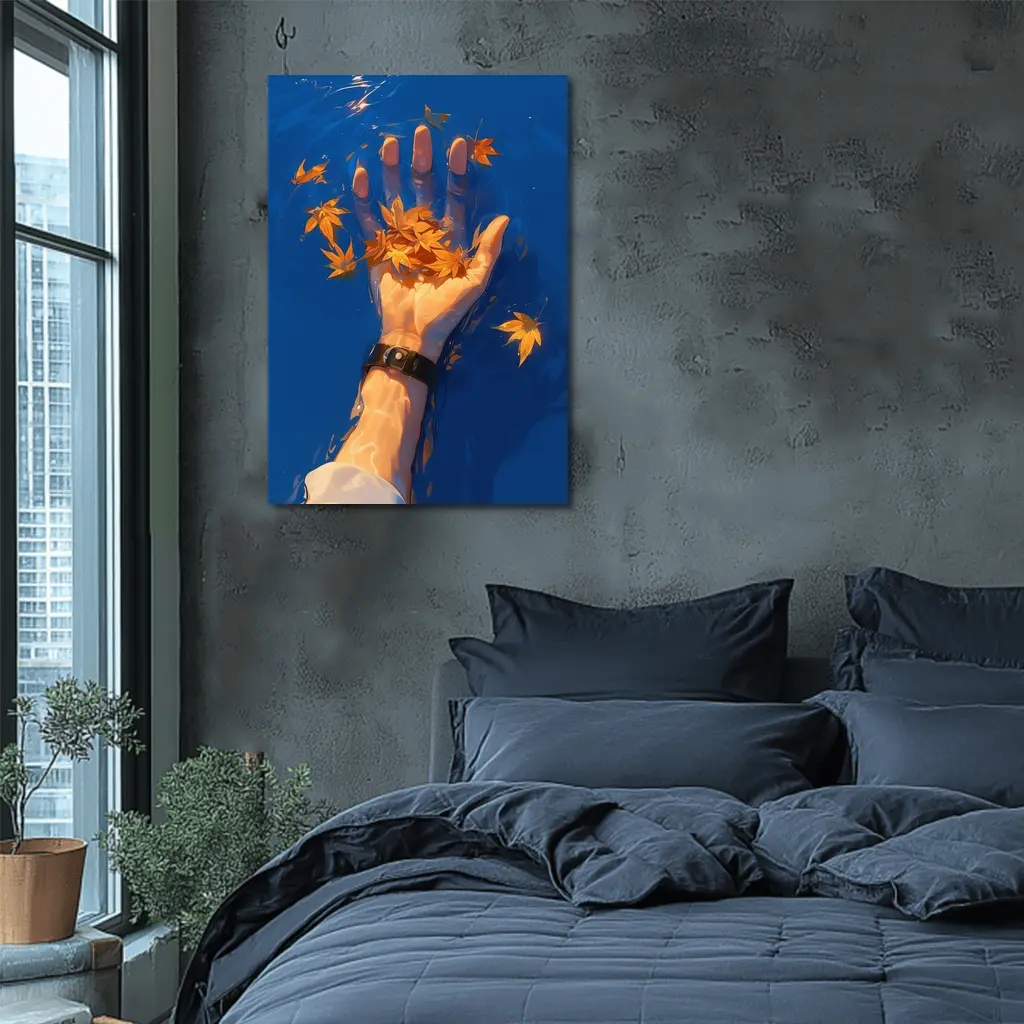 Hand Holding Autumn Leaves Over Blue Water – Wall Art