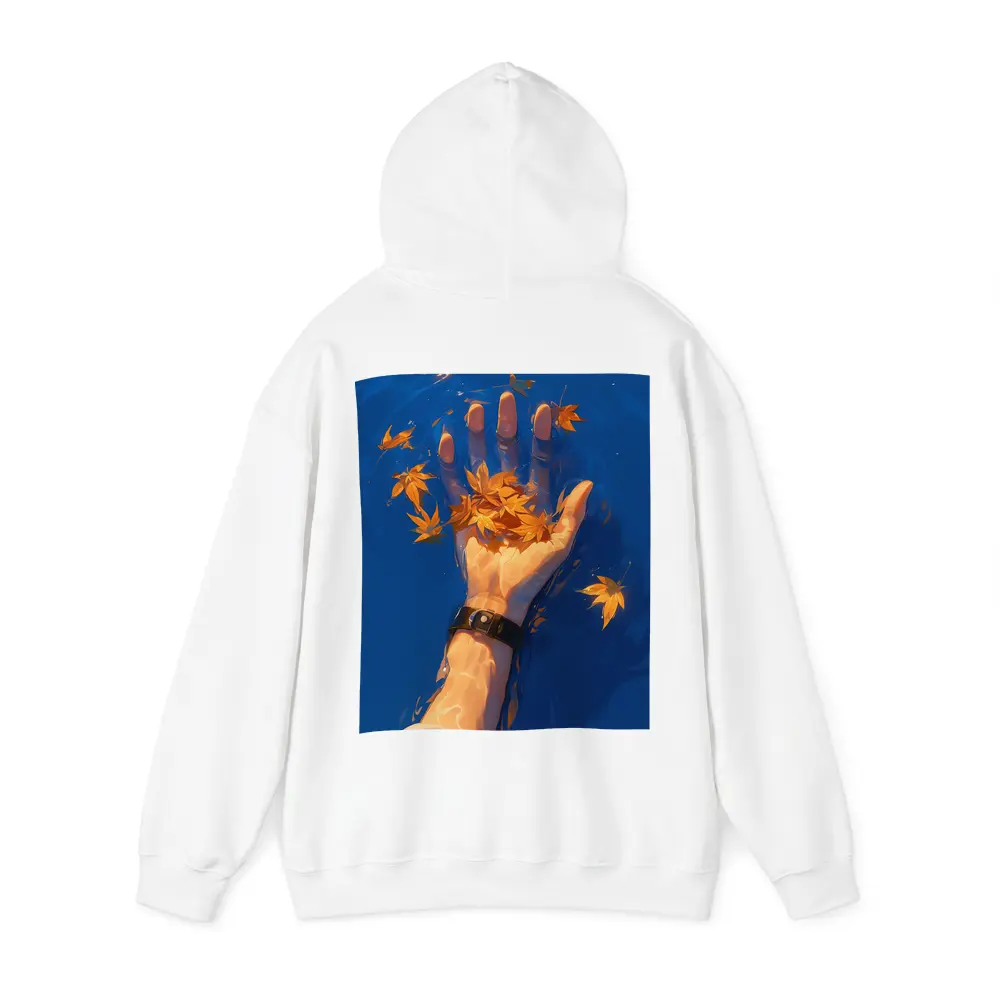 Hand Holding Autumn Leaves Over Blue Water – Hoodies