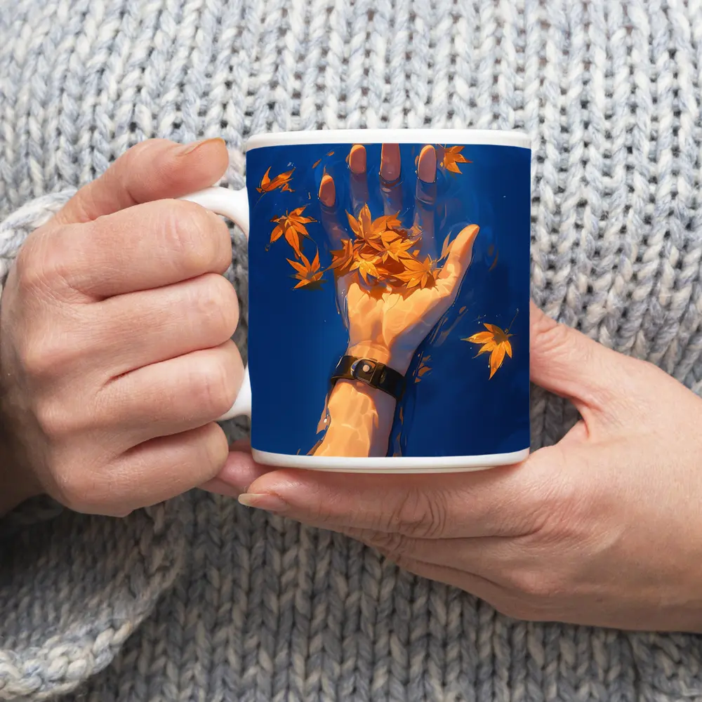 Hand Holding Autumn Leaves Over Blue Water – Mugs