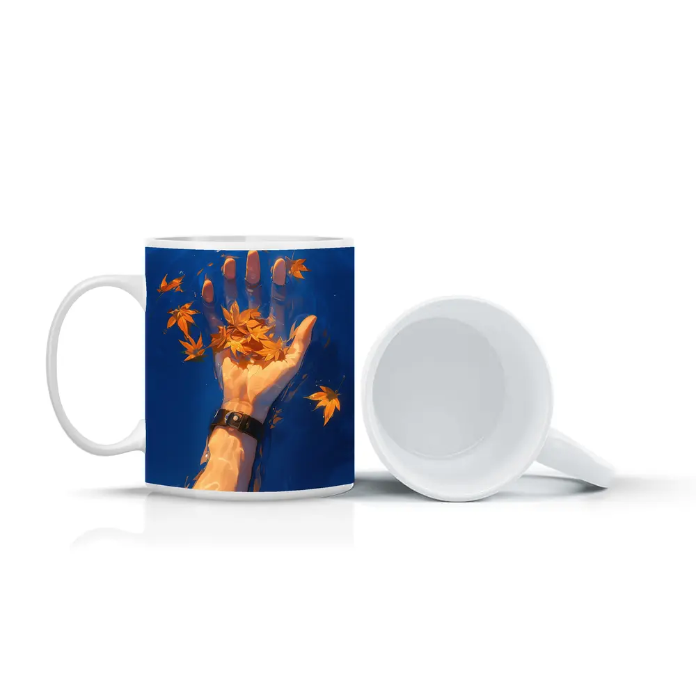 Hand Holding Autumn Leaves Over Blue Water – Mugs