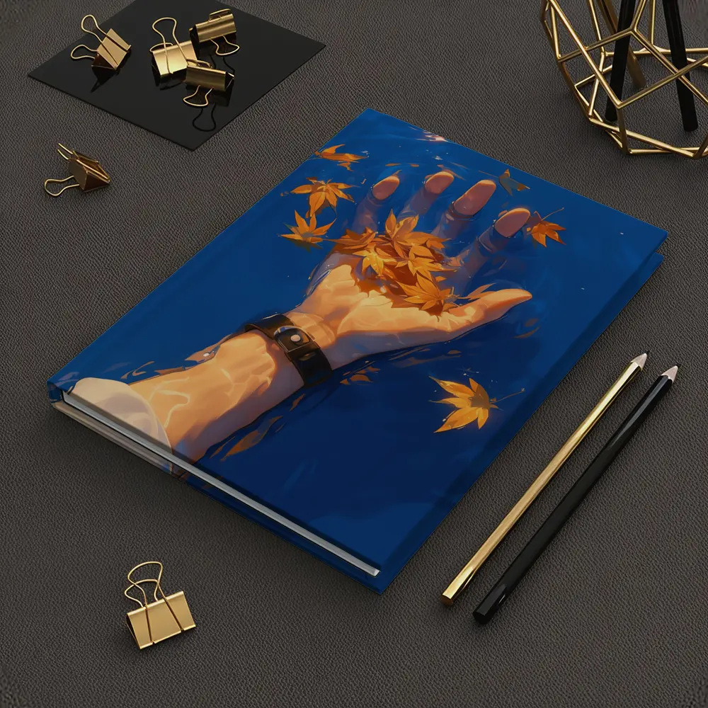 Hand Holding Autumn Leaves Over Blue Water – Notebooks
