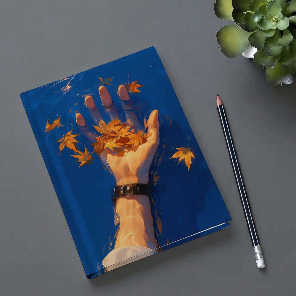 Hand Holding Autumn Leaves Over Blue Water – Notebooks