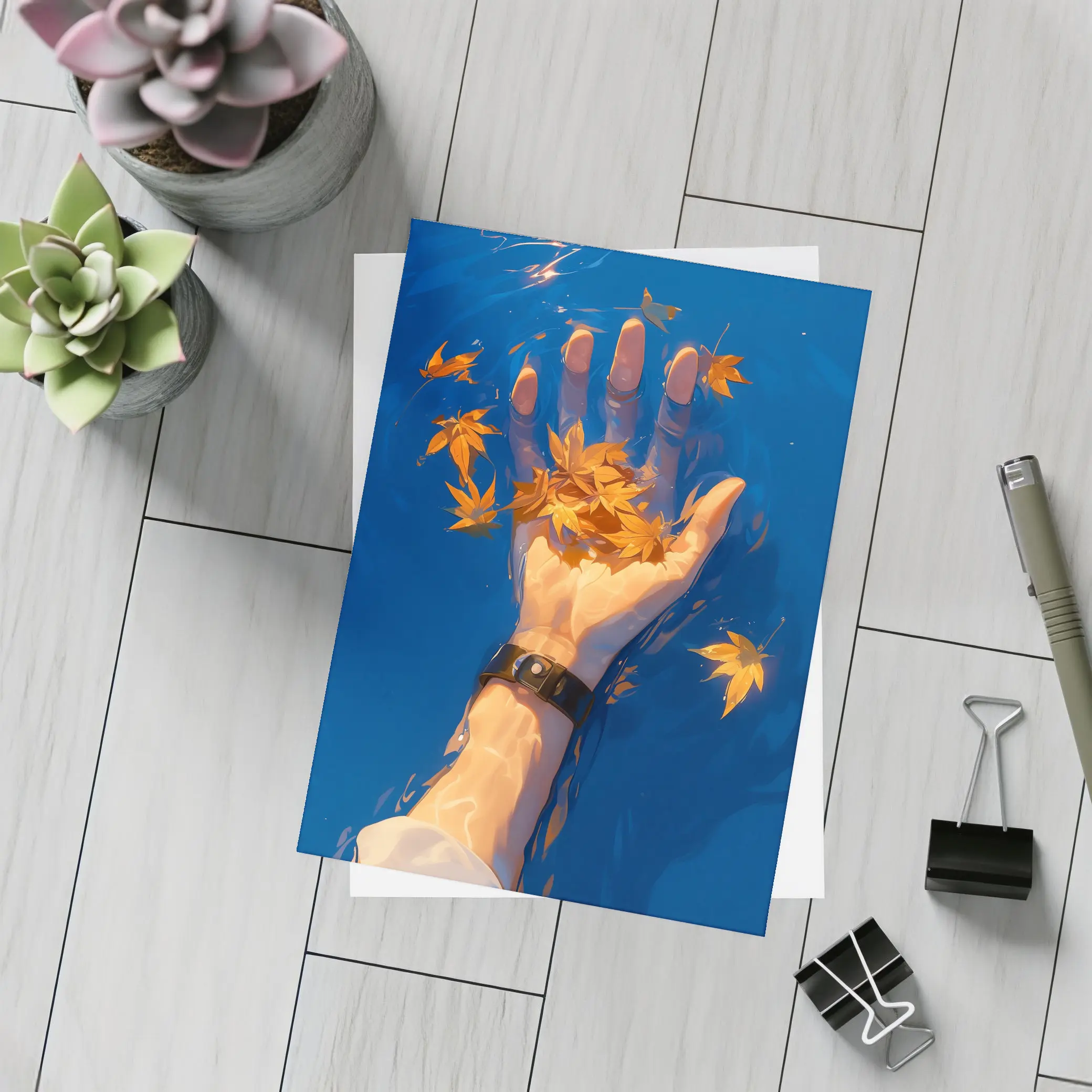 Hand Holding Autumn Leaves Over Blue Water – Postcards