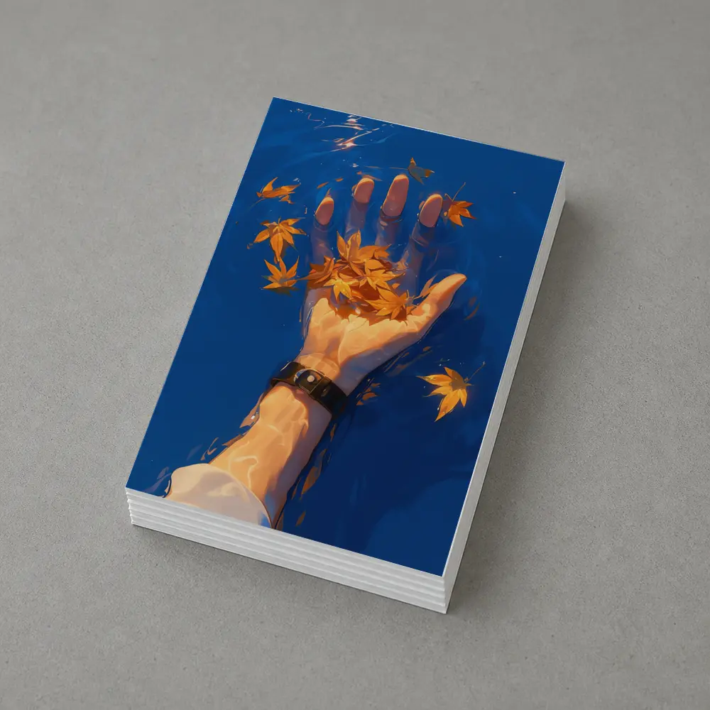 Hand Holding Autumn Leaves Over Blue Water – Postcards
