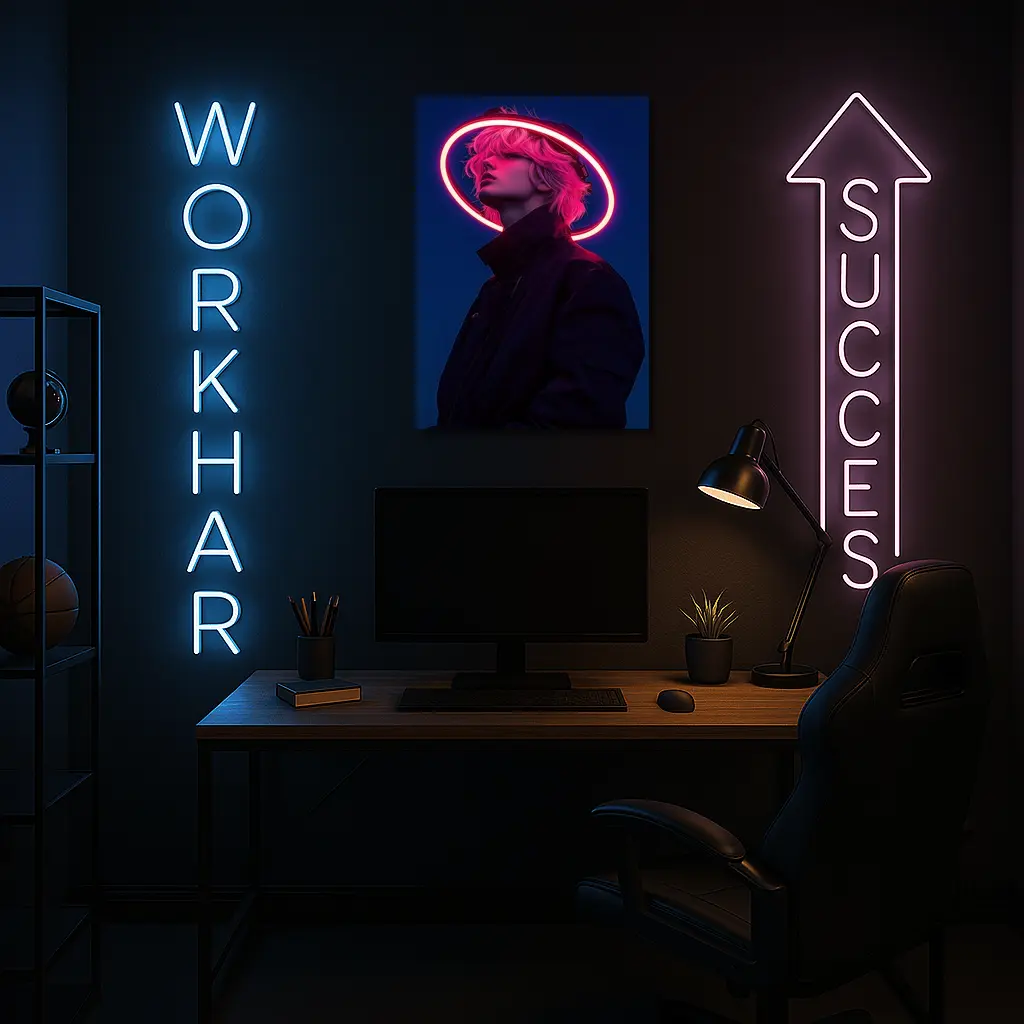 Neon Halo Figure Dark Blue Night Sky – Wall Art