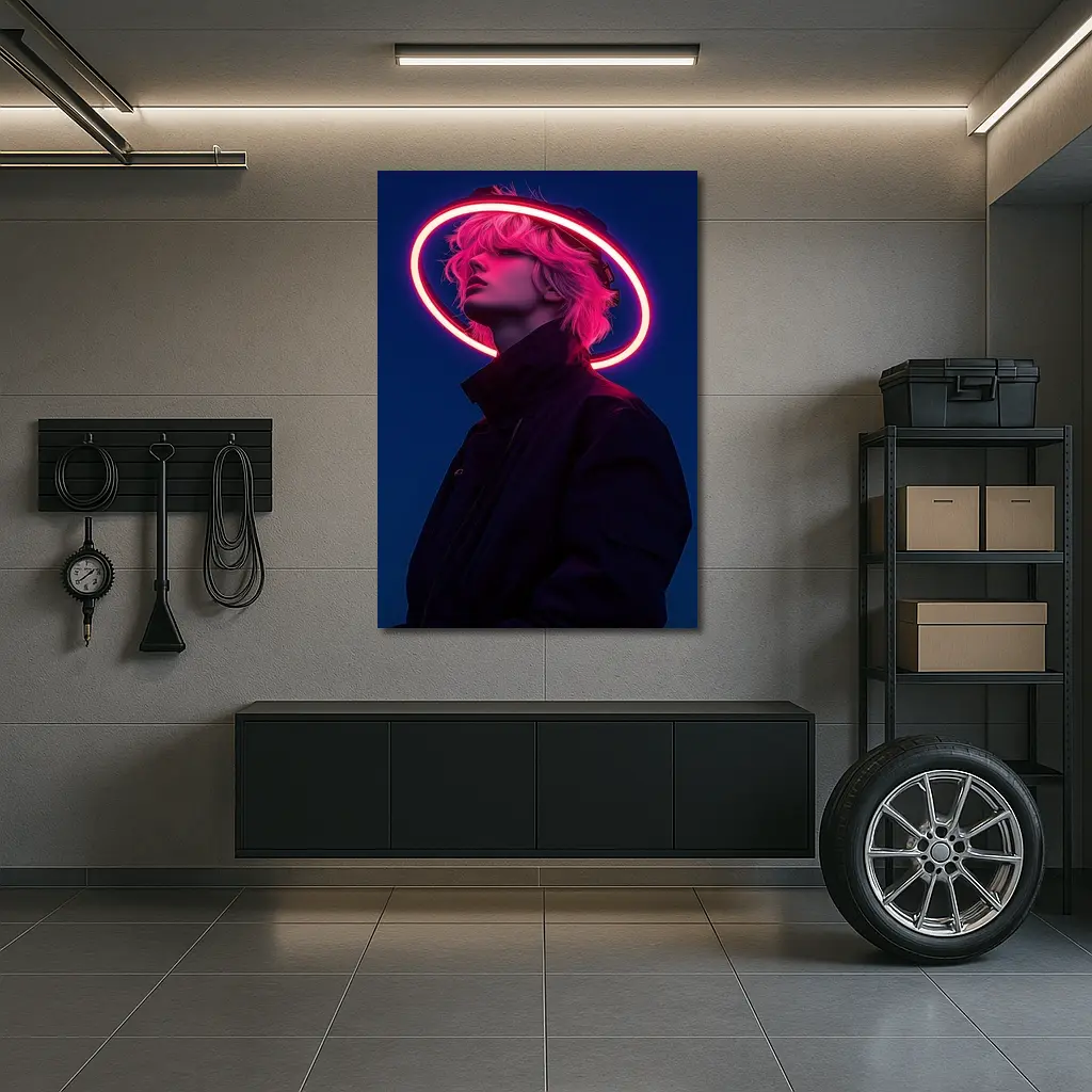Neon Halo Figure Dark Blue Night Sky – Wall Art