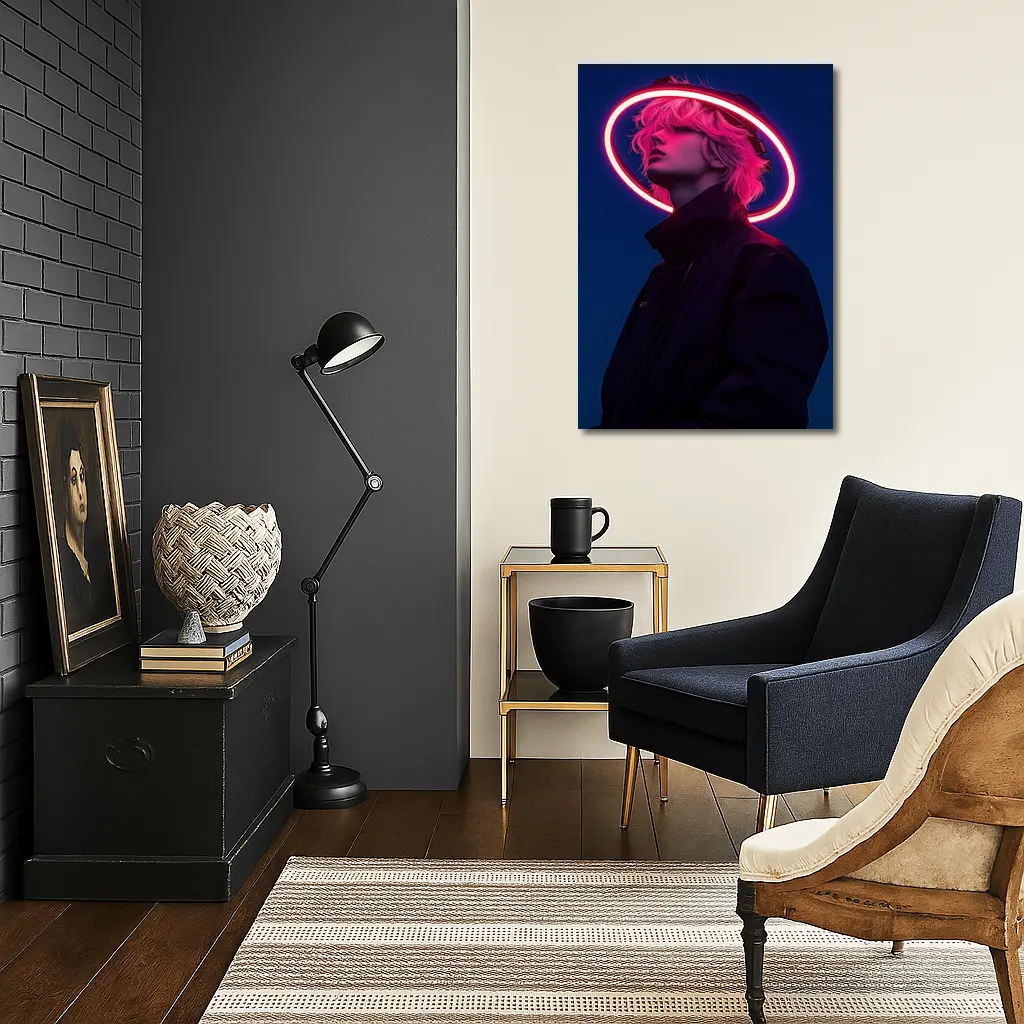 Neon Halo Figure Dark Blue Night Sky – Wall Art